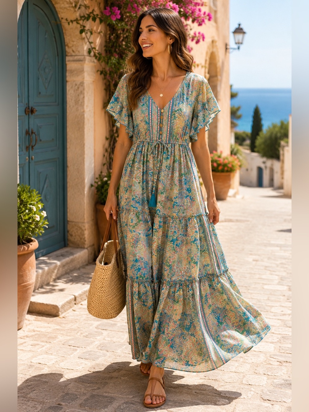 Summer Paisley V-Neck Maxi Dress in Teal